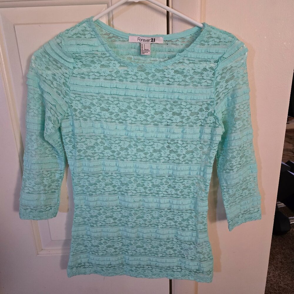 Forever 21 LS Lace Slim Fit Shirt/Top/Blouse Seafoam Green Womens SMALL